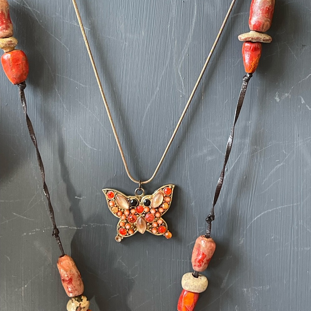 Two Butterfly Pendant Necklaces with Bead necklace
